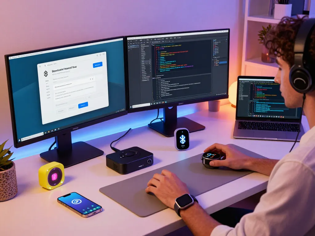 Showcasing top 10 tech gadgets 2077 in a modern workspace filled with innovation and wireless devices.