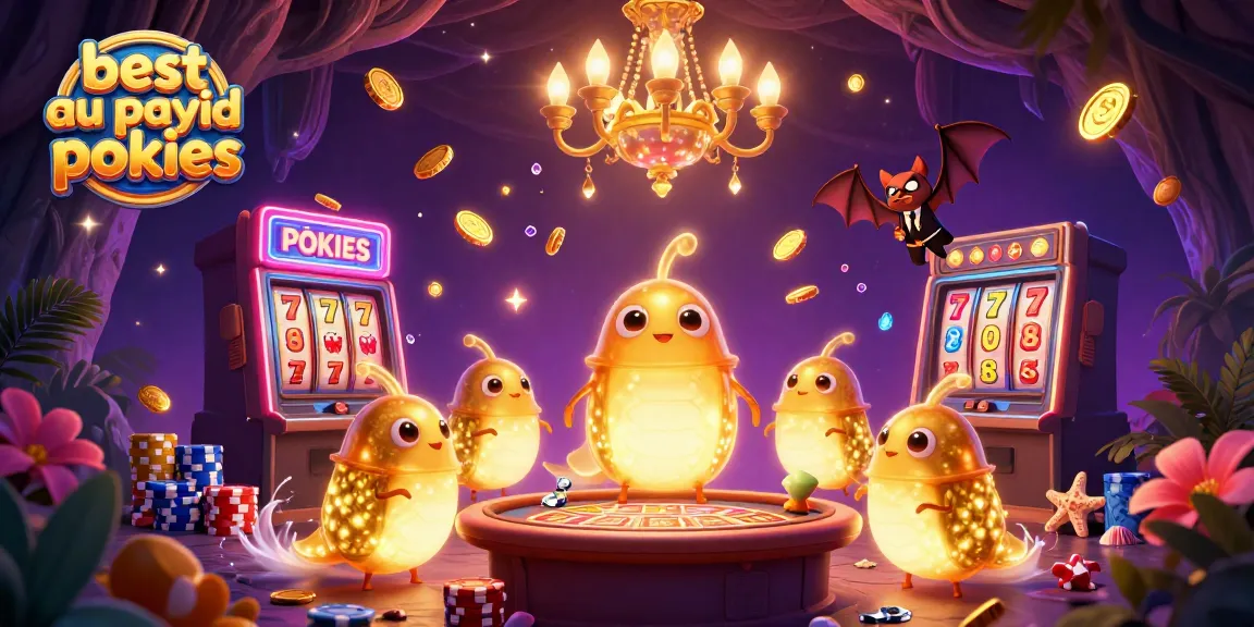 Experience the best AU PayID pokies in a vibrant 3D casino scene with glowing characters and rich elements.