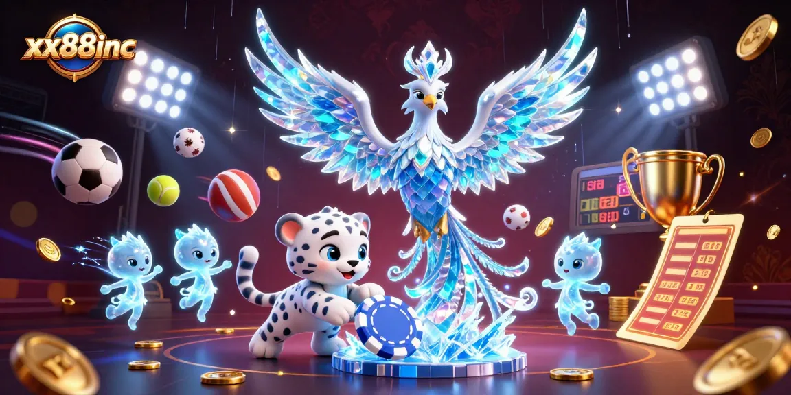 Experience thrill with xx88inc in a vibrant 3D casino scene featuring an ice phoenix and playful elements.