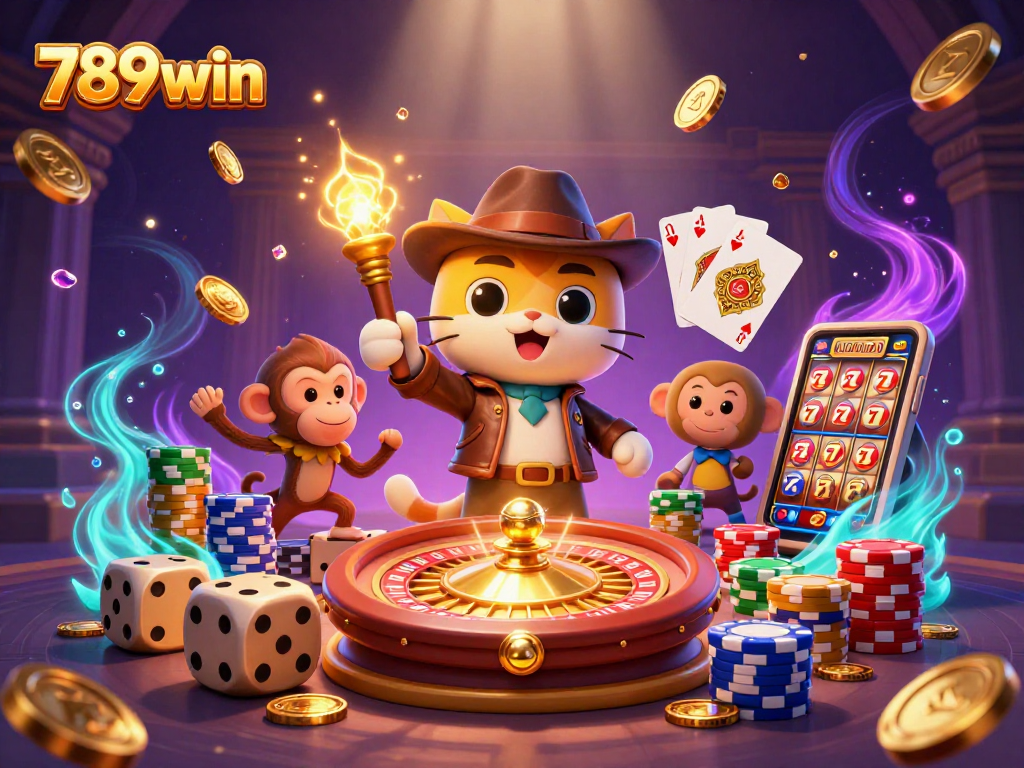 Explore thrilling adventures with 789win in this vibrant, 3D casino scene.