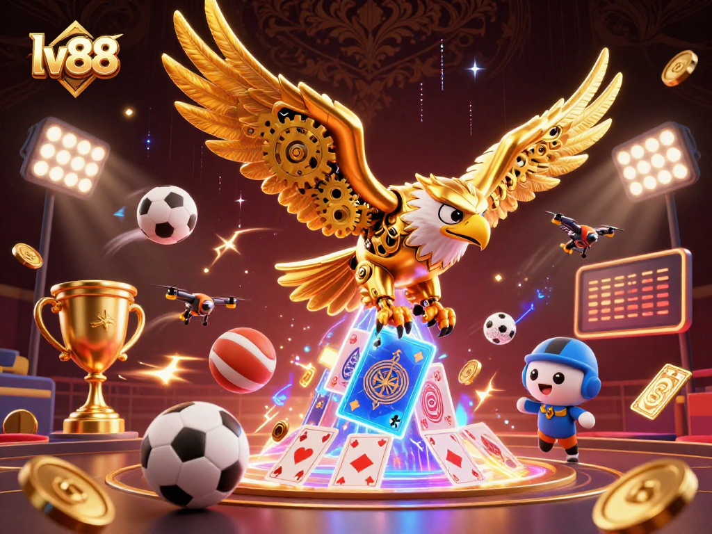 Engaging lv88 casino experience with a golden eagle diving through holographic cards amidst dynamic sports elements.