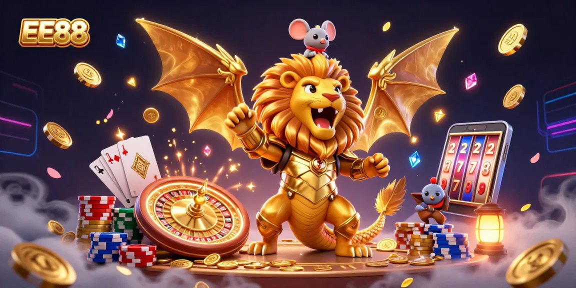 EE88 showcases a vibrant casino scene with golden chimera and mouse jockey, surrounded by sparkling gems and coins.