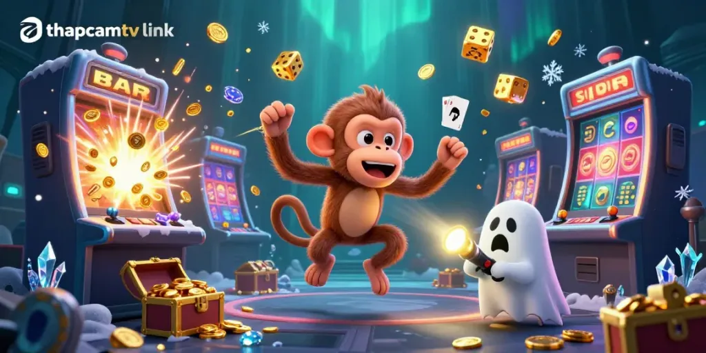 Engage with thapcamtv link for exciting virtual gambling moments amid golden juggles of a playful ghost monkey.