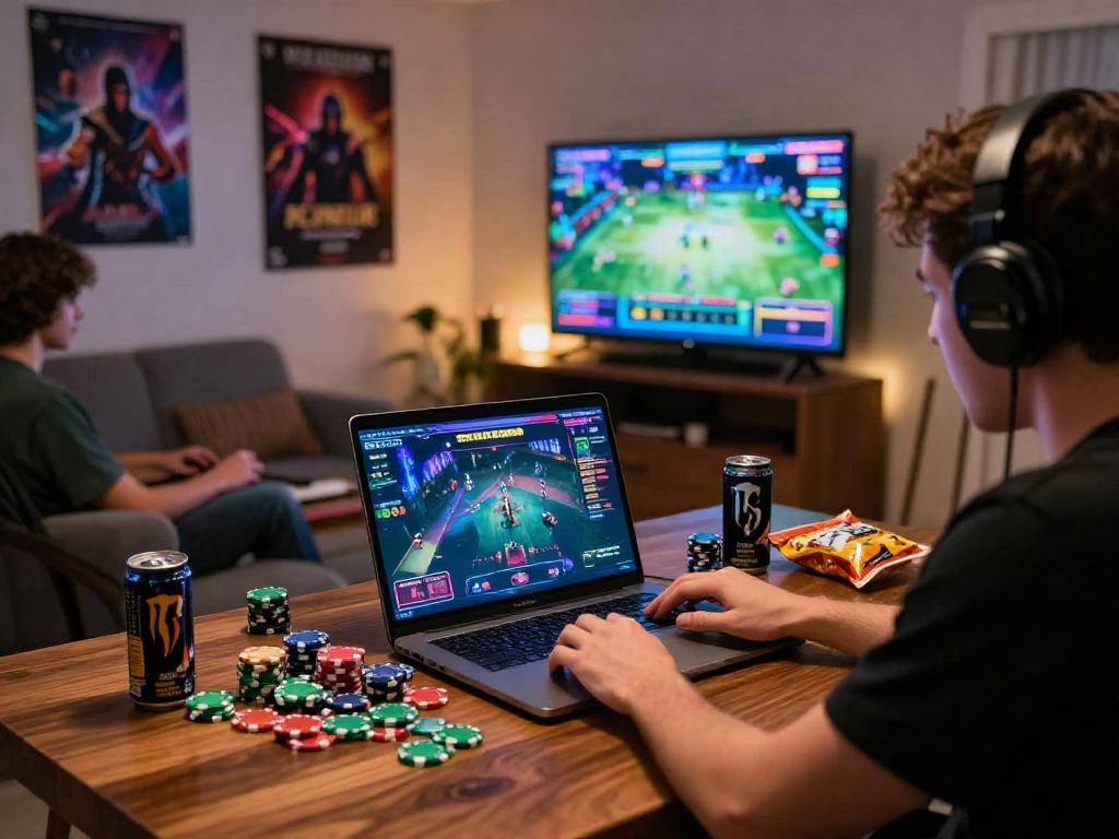 Exciting online gaming scene showcasing rokok88 rtp in action with vibrant visuals, poker chips, and energy drinks.