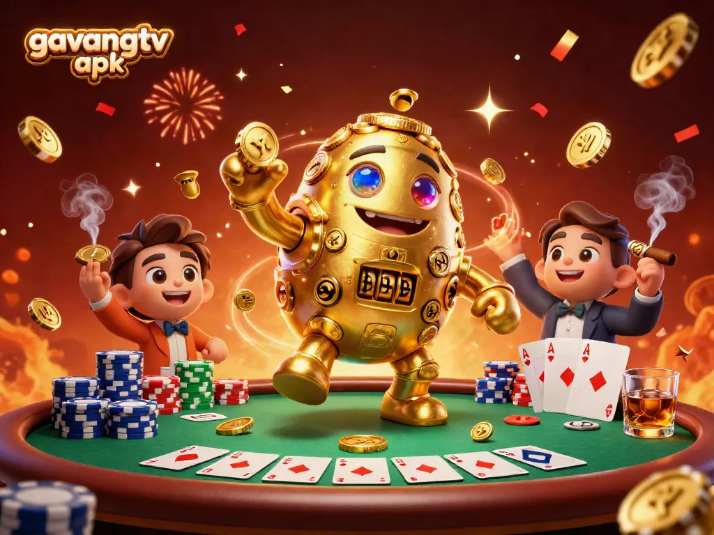 Bet on exciting games with gavangtv apk, showcasing a golden golem and vibrant poker scene.
