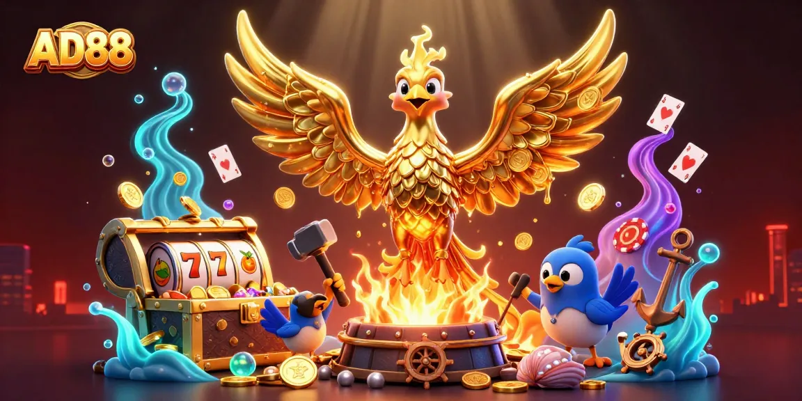 Experience thrilling slots action with AD88's vibrant phoenix and treasure-filled scene.