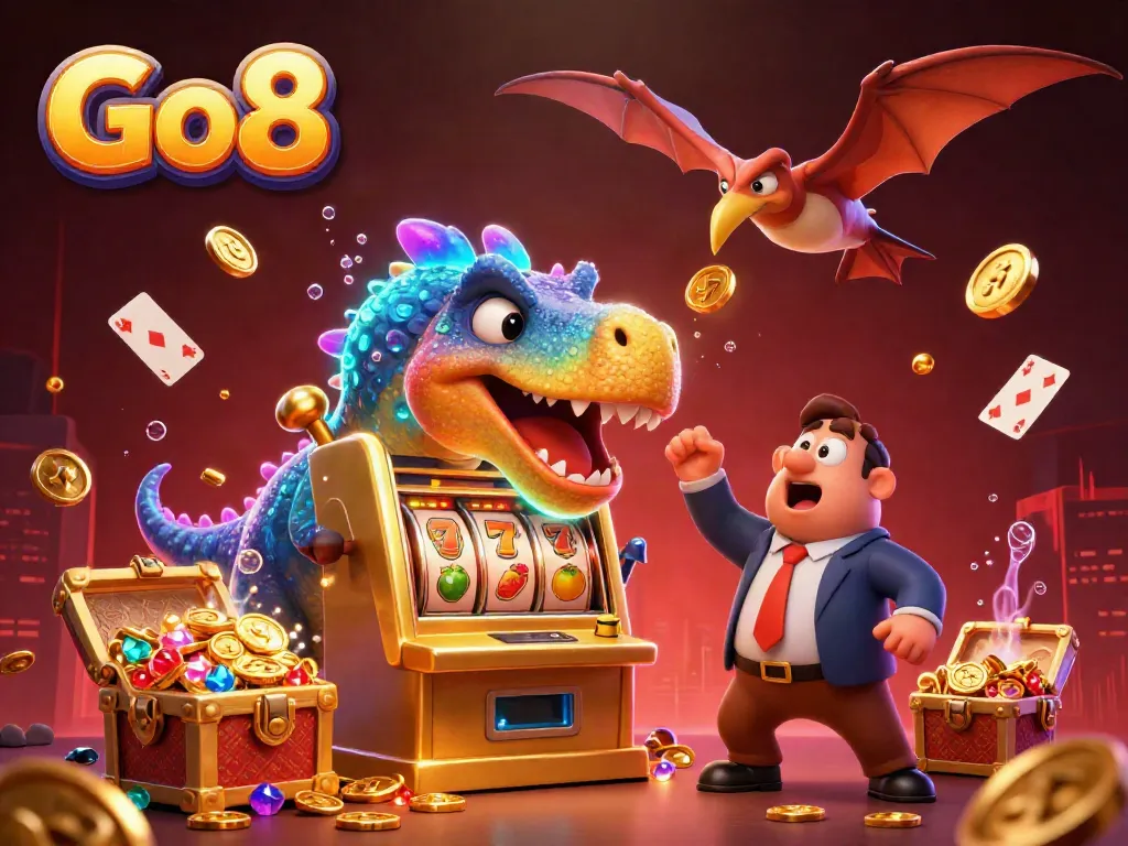 Go8 casino scene with cartoon dinosaurs and slots, showcasing vibrant jackpot action.