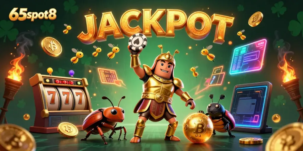 Experience the thrill of 65slot8 with cartoon characters celebrating a jackpot surrounded by casino elements.