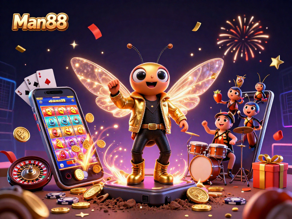 Experience the thrill of gaming at Man88 with a vibrant 3D illustration of a rock star casino celebration.