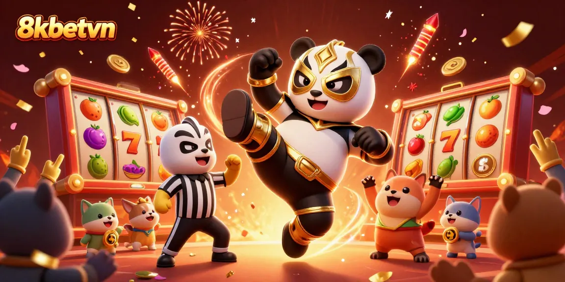 Experience the excitement of 8kbetvn with a thrilling 3D casino scene featuring animated characters and slot reels.