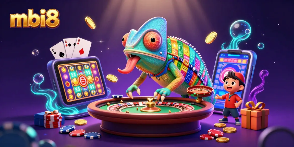 Mbi8 casino scene showcases vibrant gameplay with coins, cards, and a colorful slot game illustration.