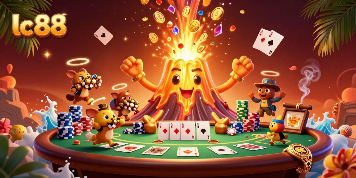 Engage with lc 88's dynamic casino scene featuring a golden volcano erupting coins and treasure.