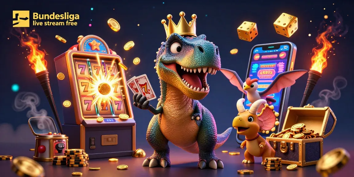 Engage in Bundesliga live stream free with vibrant, interactive betting scenes featuring cartoon dinosaurs and casino elements.
