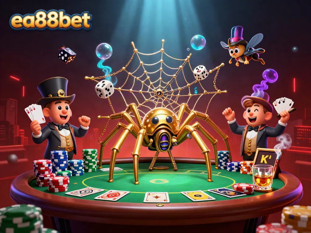 ea88bet showcases a whimsical steampunk spider building a web of poker riches, embodying the thrill of gambling