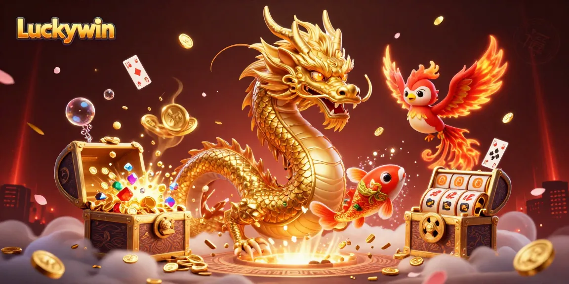 Experience thrilling action at Luckywin with a dynamic 3D illustration featuring a fierce dragon and lucky koi fish.