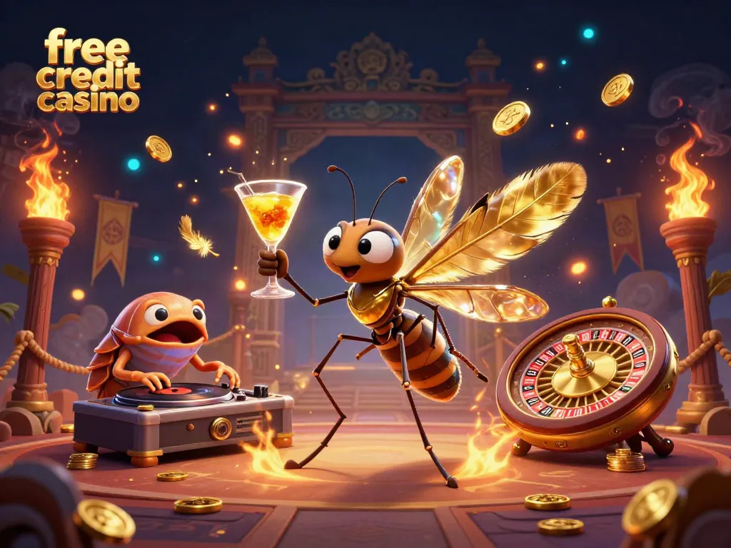 Engage with the exciting atmosphere of a free credit casino featuring animated mascot and vibrant elements.