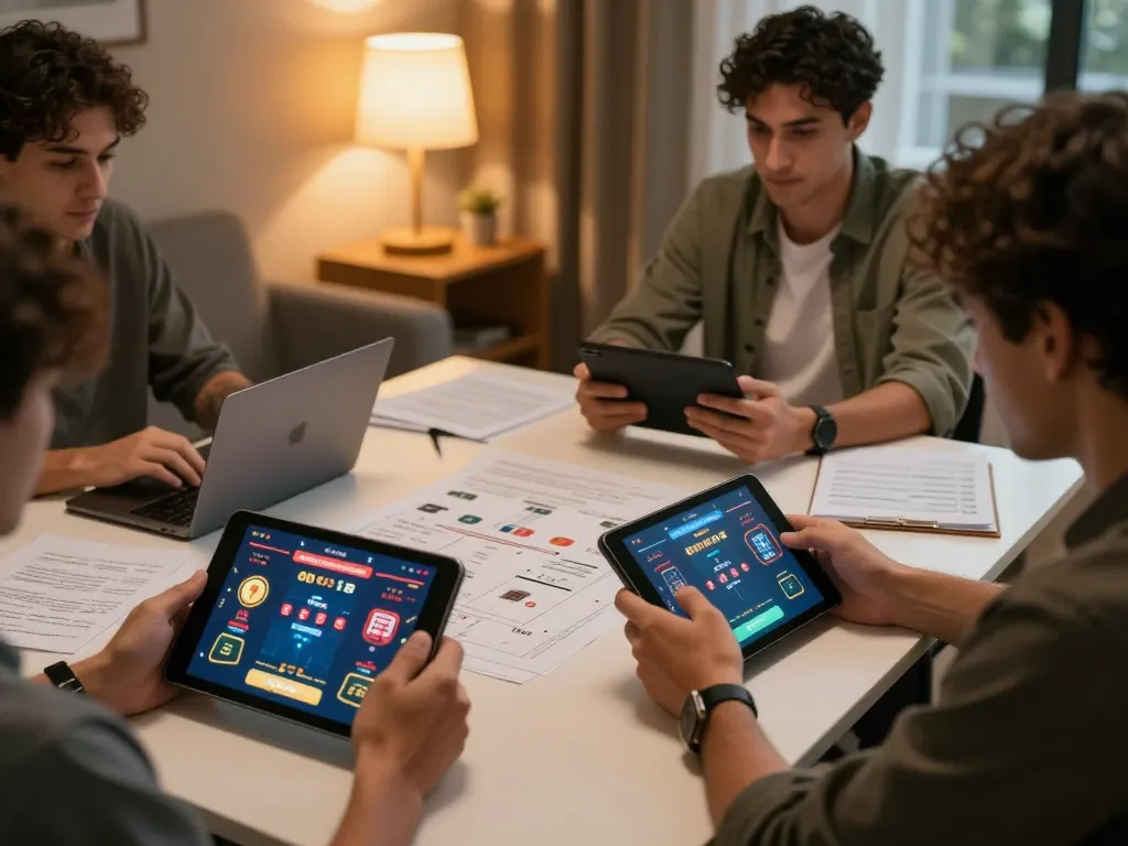 Players exploring Pragmati Play's vibrant online casino games on tablets, engaged in strategic gameplay.
