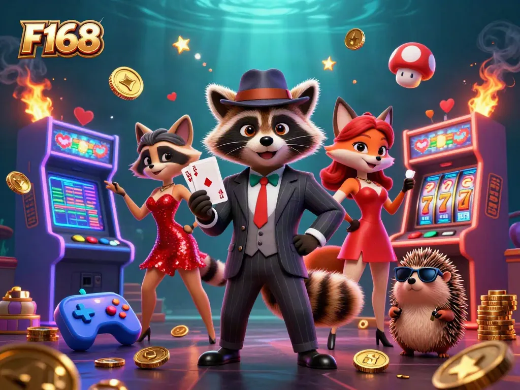 Experience thrilling gameplay in F168 with a charming raccoon and fox in a vibrant casino scene.
