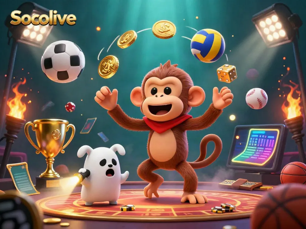 Socolive casino scene with a poltergeist monkey juggling sports items, lighting up the haunted atmosphere.