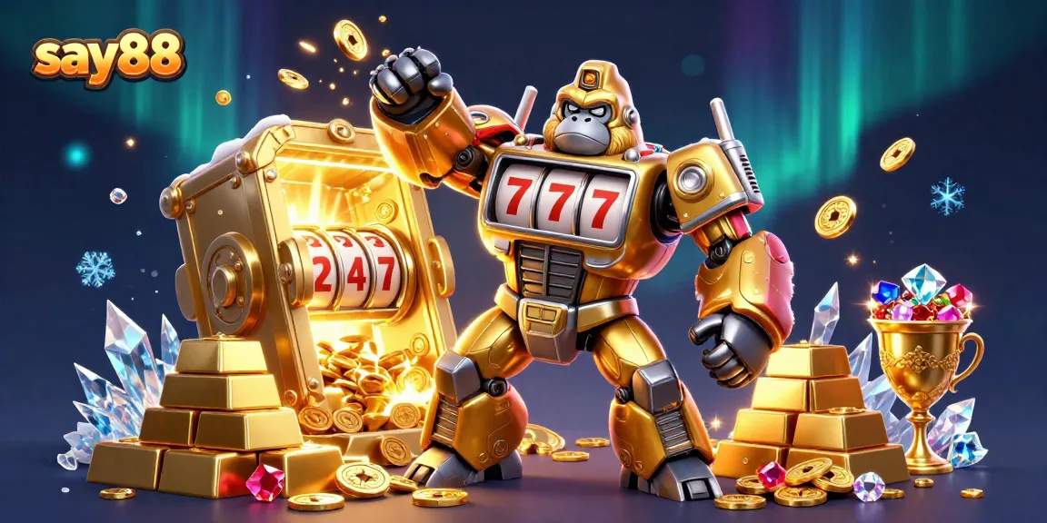 Experience thrilling jackpots with say88 in this vibrant 3D casino illustration featuring a dynamic golden gorilla mech.