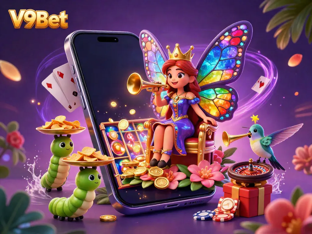 Experience the thrill of V9Bet with a vibrant 3D scene showcasing a butterfly queen and casino elements bursting with excitement.