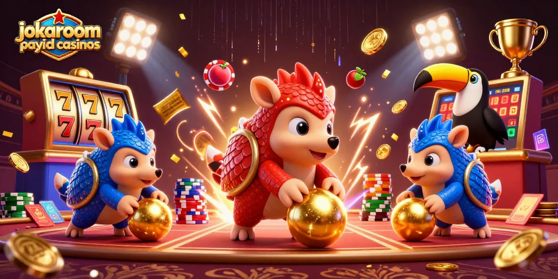 Engaging scene featuring jokaroom payid casinos with pangolins bowling through poker chips, showcasing exciting gaming elements.