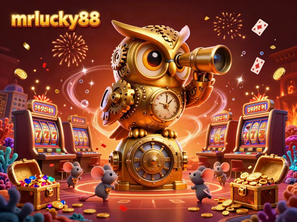 Experience mrlucky88's captivating casino atmosphere with a clockwork owl and lively mouse patrons.