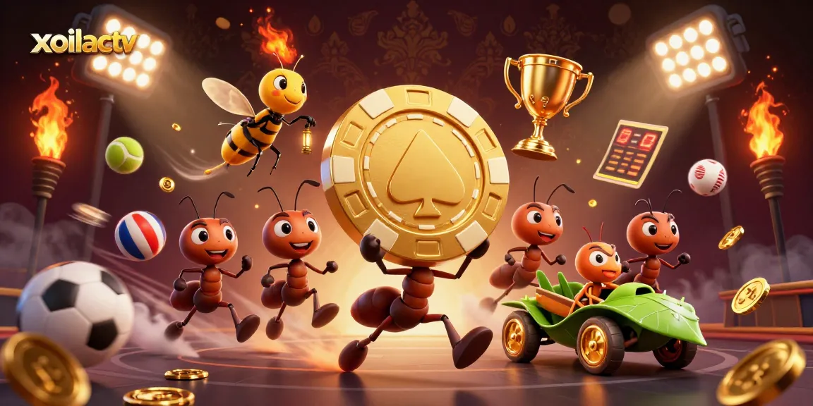 Xoilactv showcases a dynamic illustration of animated ants executing a heist with a giant poker chip while surrounded by flying sports elements.