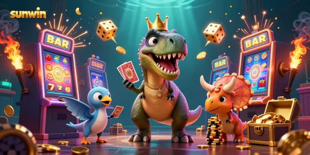 Experience the vibrant world of sunwin gaming with friendly dinosaur characters and exciting casino elements.