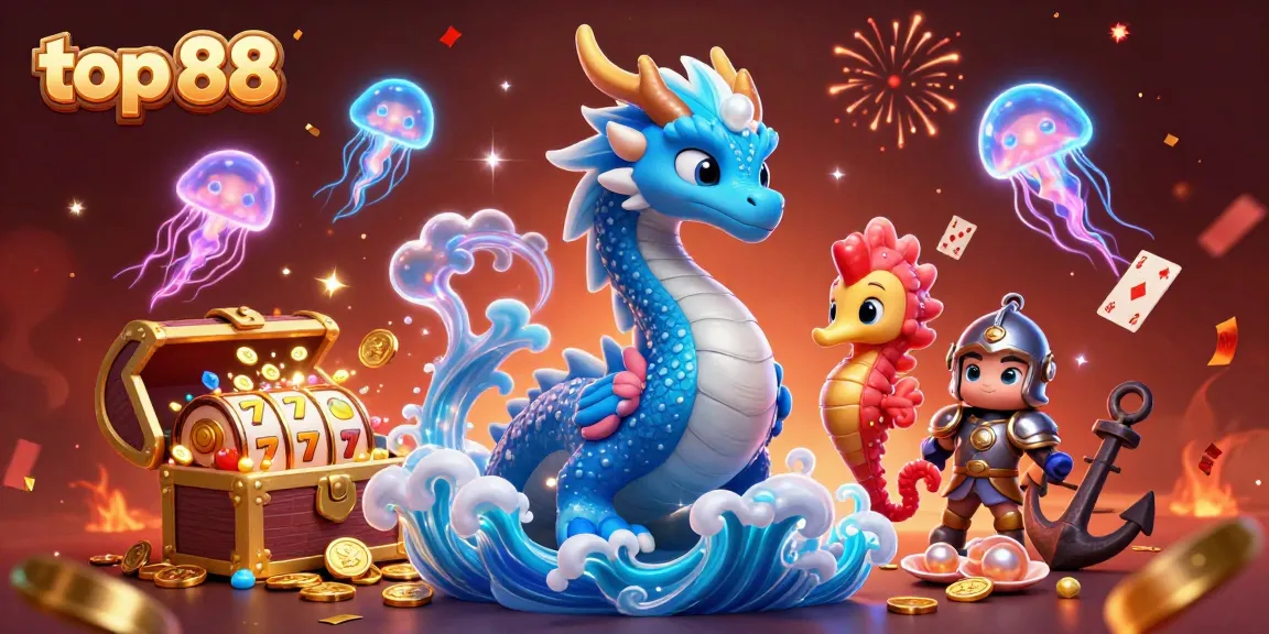 Engage with top 88 casino excitement as a water dragon guards treasures and slot reels.