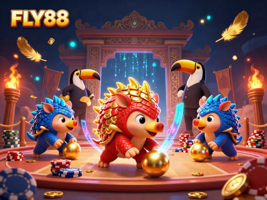 FLY88 pangolins compete among poker chips in a vibrant, detailed casino scene.