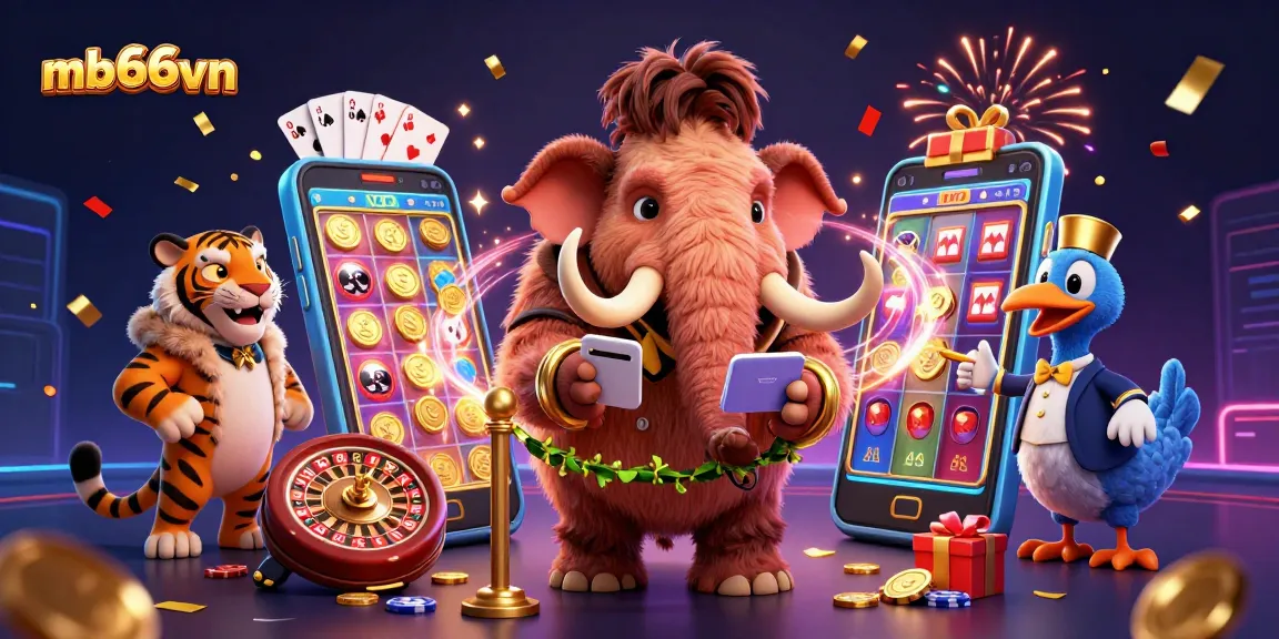 Experience thrilling games at mb66vn, featuring a grand casino entrance with memorable characters and dynamic gameplay elements.