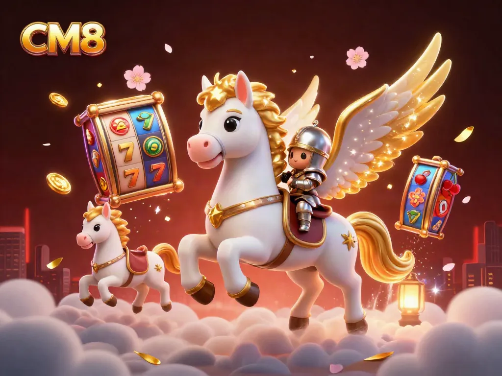 Engage with CM8 slot reels and lively gaming elements in this vibrant 3D casino scene.