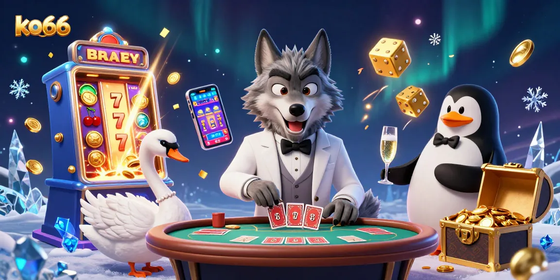 Experience the thrilling action at ko66 with a debonair wolf, elegant swan, and penguin sommelier in a vibrant casino setting.