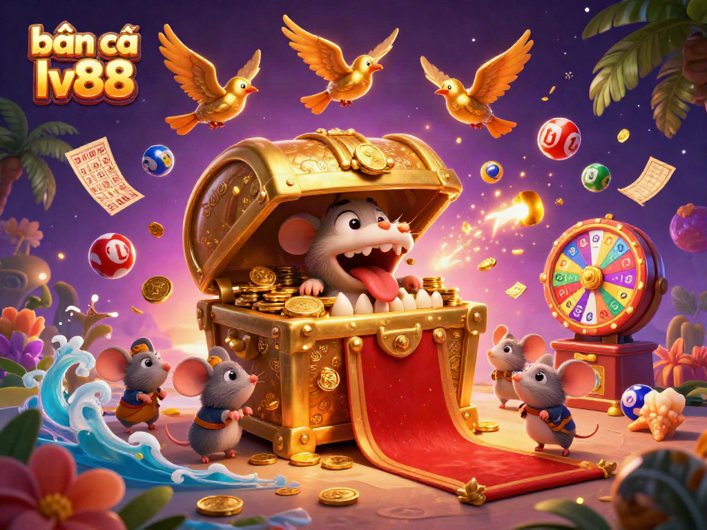 Bắn cá lv88 game illustration showcasing a golden treasure chest and vibrant lottery elements amidst an engaging scene.