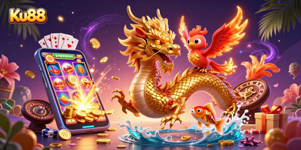 Play stylish slots at Ku88 featuring vibrant casino elements and mythical characters.