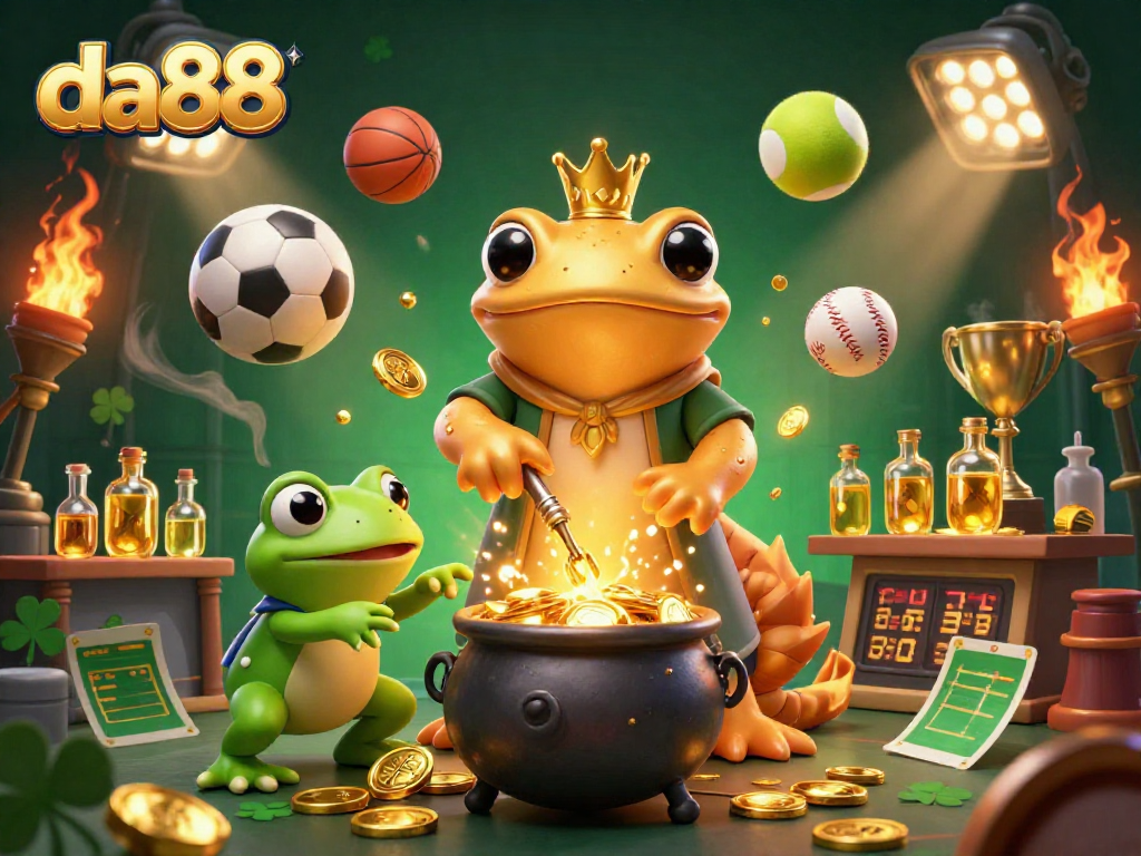 Join da88 in a lively casino scene where alchemists transmute gold and sports elements fill the air.