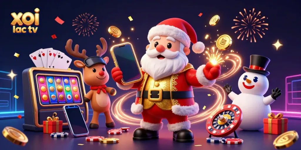Engage with xoi lac tv's energetic gaming scene featuring festive characters celebrating jackpot slots.