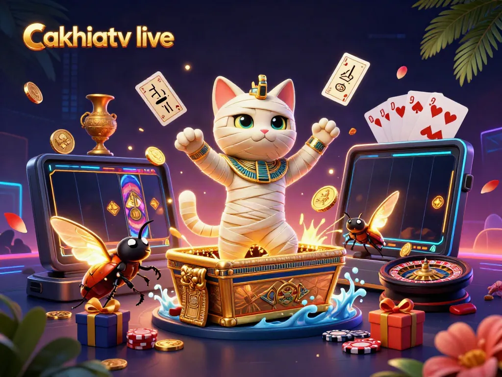 Experience thrilling gameplay with cakhiatv live as the Egyptian mummy cat and companions bring excitement to the casino scene, surrounded by glowing symbols and rich decorations.