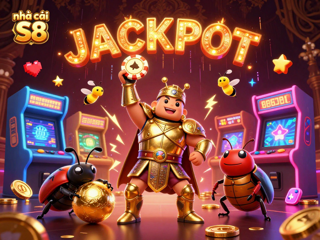 Engage with the excitement of nhà cái S8, showcasing a hercules beetle in victory, surrounded by vibrant casino elements.
