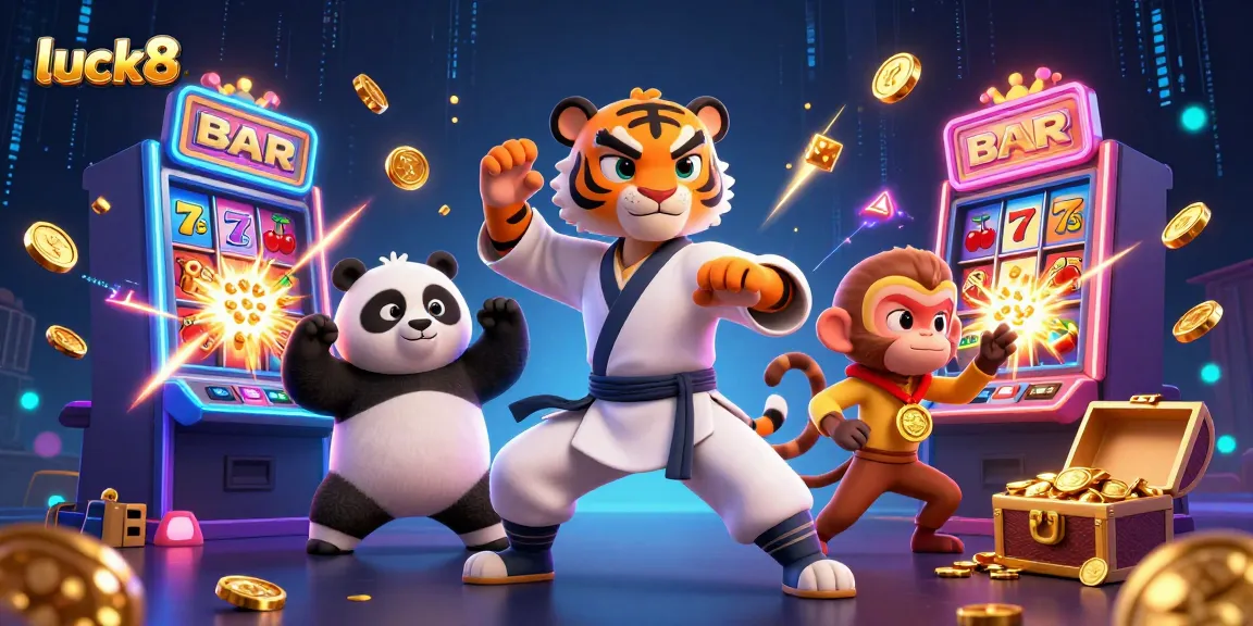 Engage in the luck8 casino experience with vibrant slots and charismatic characters celebrating jackpots.
