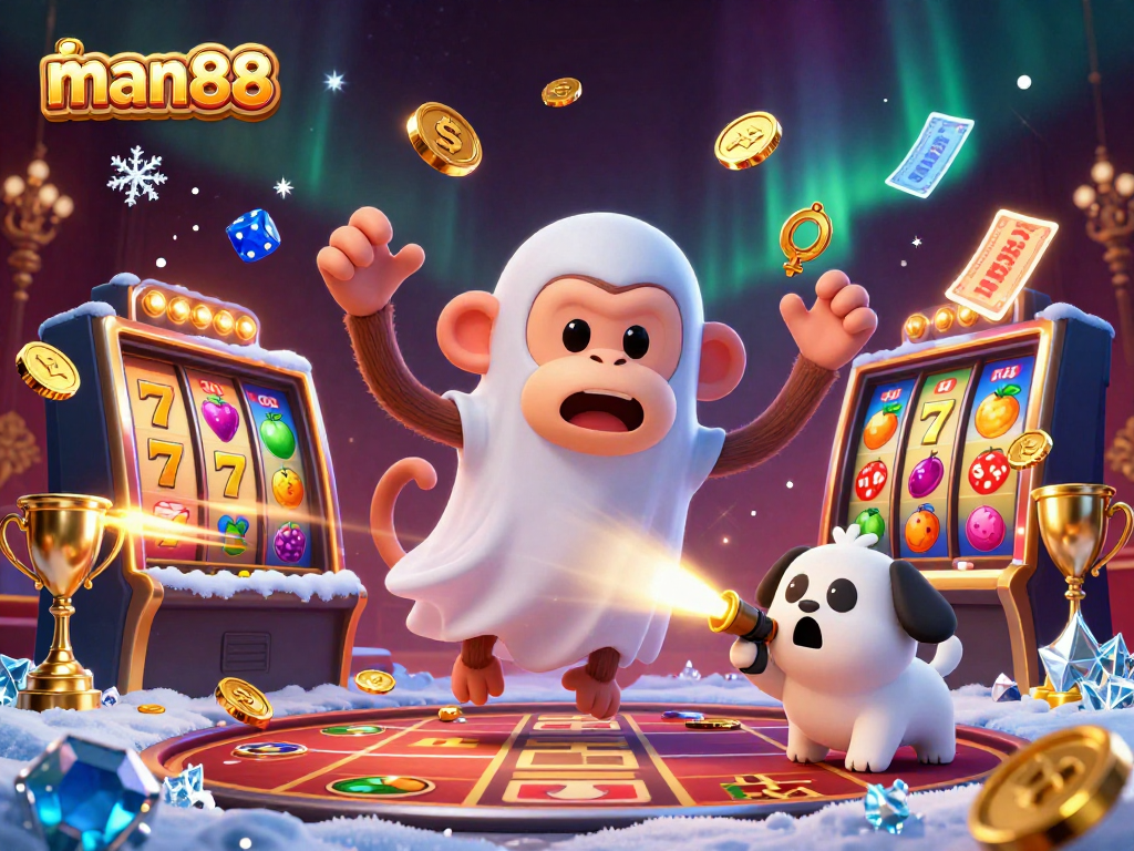 Experience man88's exhilarating casino atmosphere with a playful poltergeist monkey and a curious puppy tracking golden treasures.