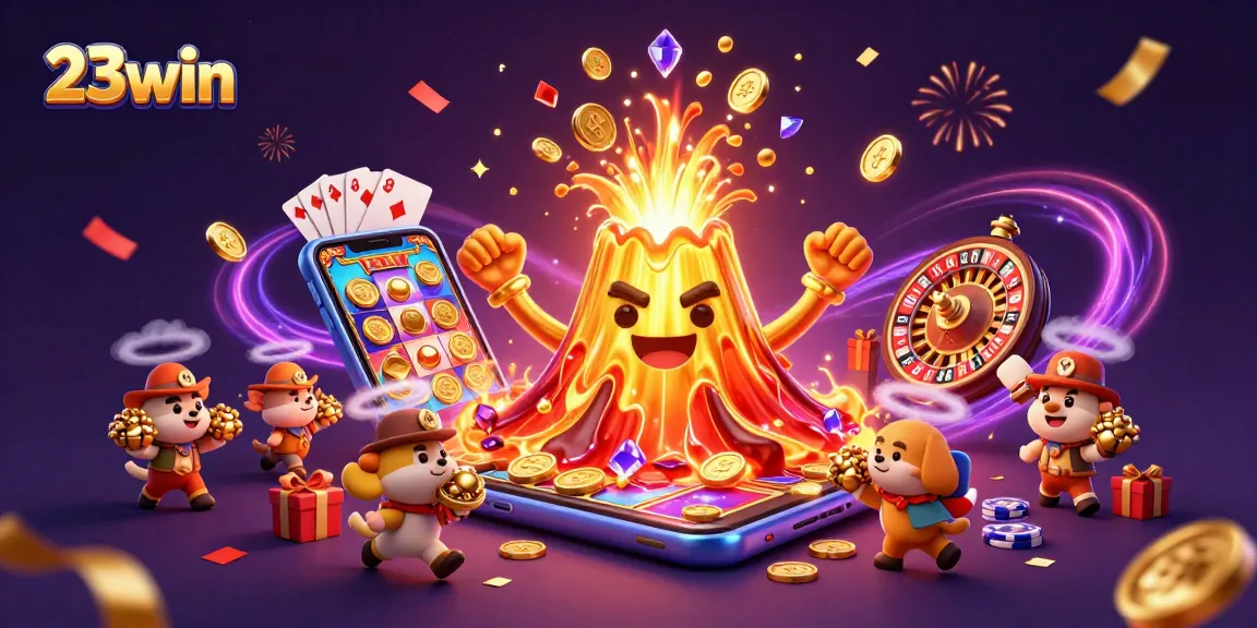 Experience thrilling wins with 23win's vibrant 3D casino scene featuring explosive treasures.