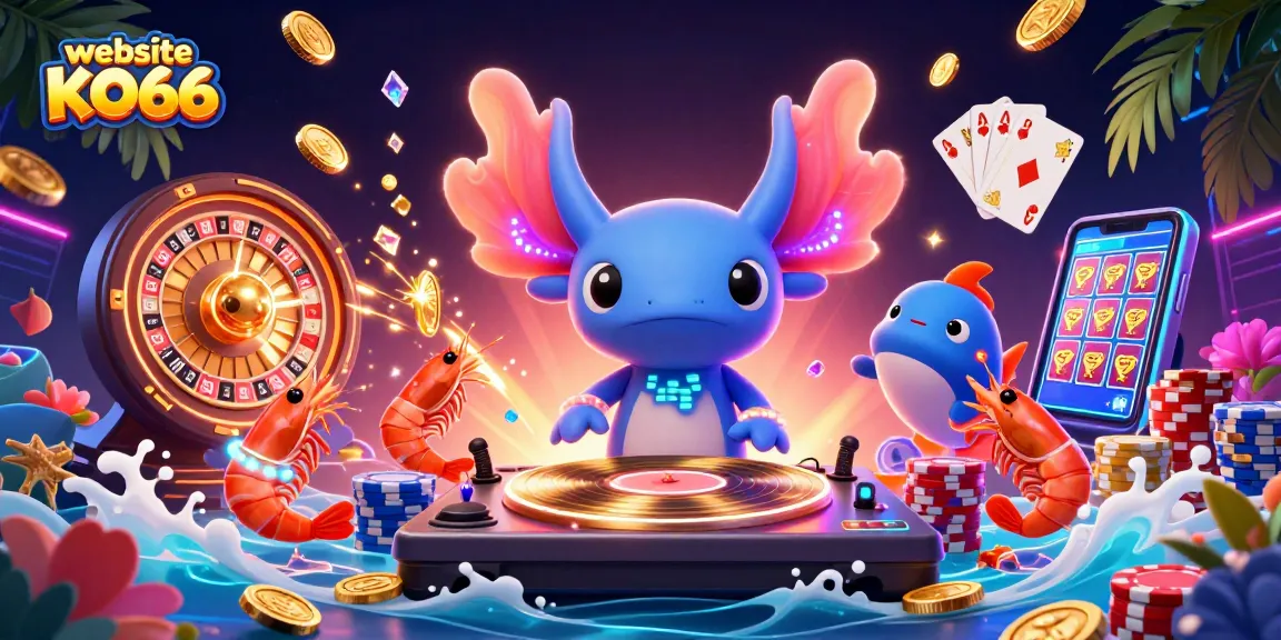 Join the excitement at website KO66 with this vibrant underwater casino scene featuring a neon axolotl DJ!