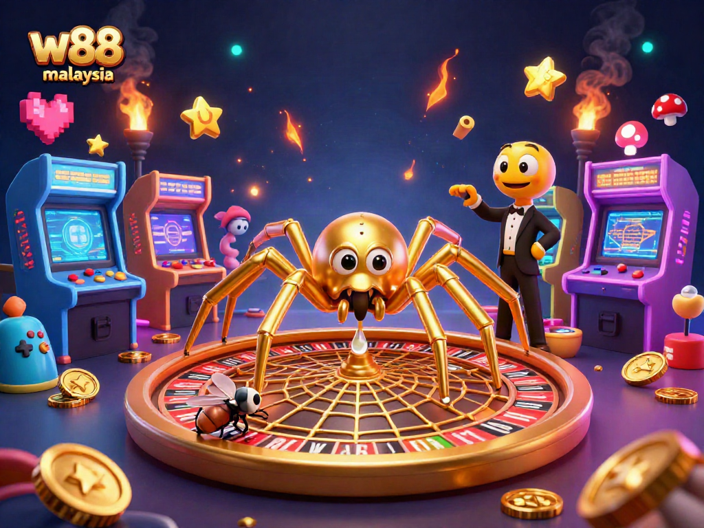 Engage with thrilling w88 Malaysia gameplay featuring a golden spider and fly in a vibrant casino scene.