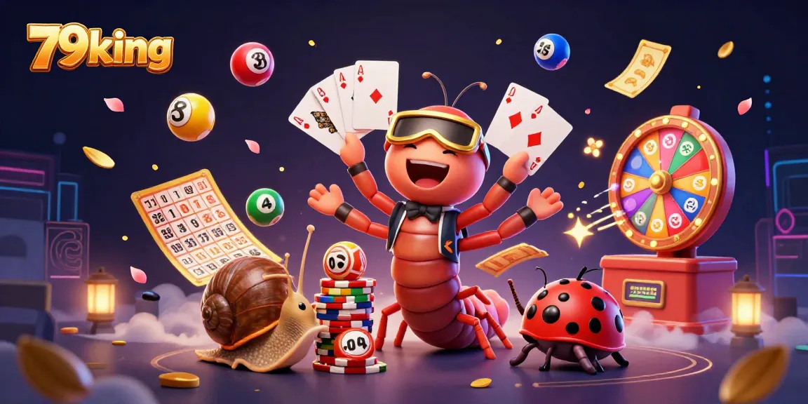 Engage with the lively scene of 79king featuring a cartoon millipede dealer and vibrant casino elements.