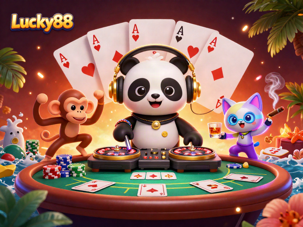 Engage with Lucky88 in a vibrant casino party scene featuring a DJ panda, dancing monkey, and glowing kitten.