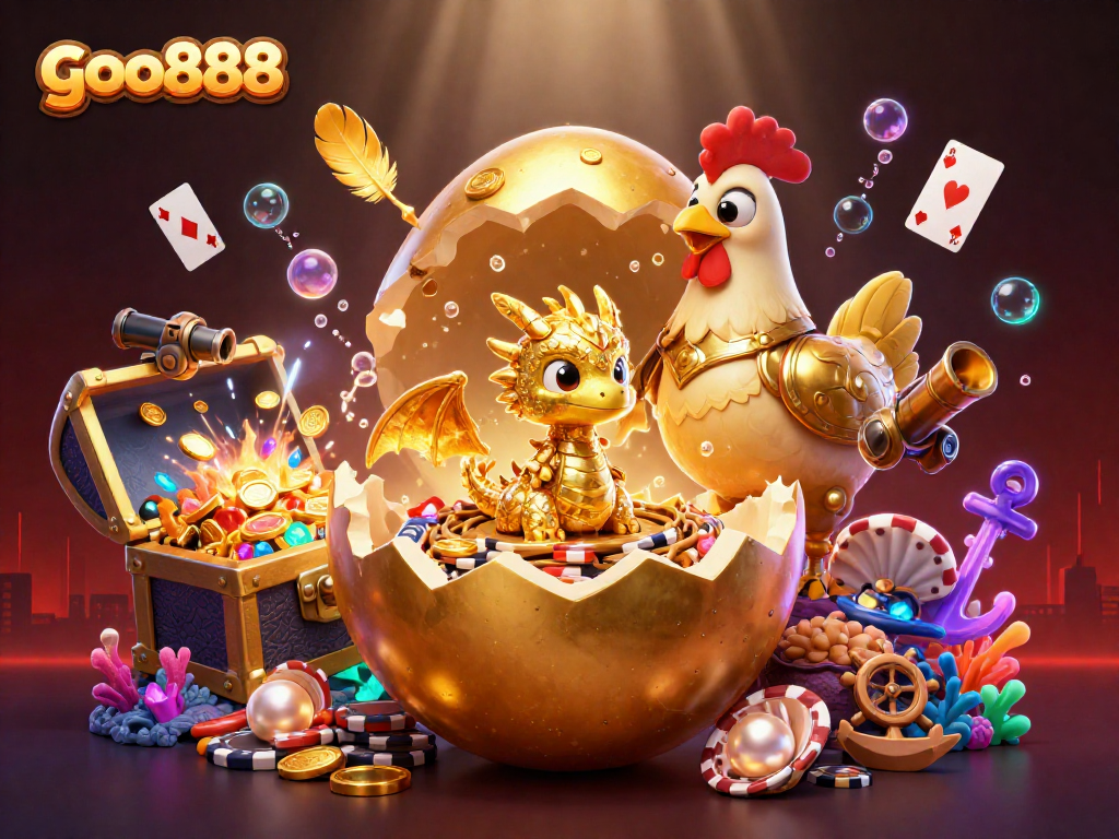 Experience the thrill of goo888 with a golden dragon guarding poker chips in an underwater casino.