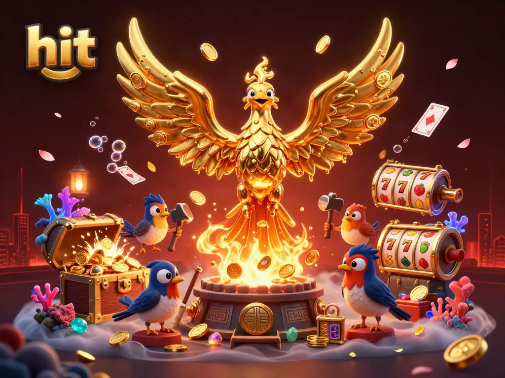Experience the hit excitement of casino wins with a dynamic golden phoenix emerging from a treasure-filled underwater scene.