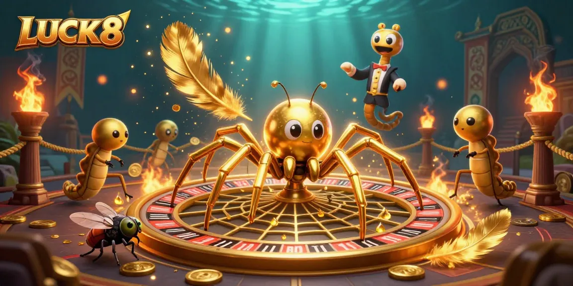 LUCK8's thrilling gaming scene featuring a golden spider and centipede croupier spinning a roulette web.